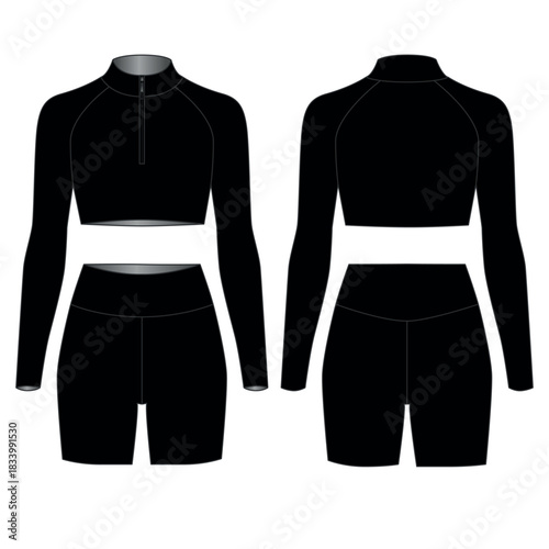 Sketch of a fashionable black cycling jersey and long-sleeved crop top with zipper, front and back view. Sportswear design for women. Outfit for yoga, Pilates, fitness, gym, running, cycling, leisure
