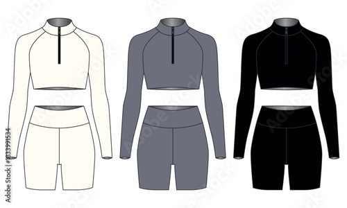 Set of fashionable cycling shorts and cropped top with zipper and long sleeves, black, gray, white. Sportswear design for women. Outfit for yoga, Pilates, fitness, gym, running, cycling, leisure.
