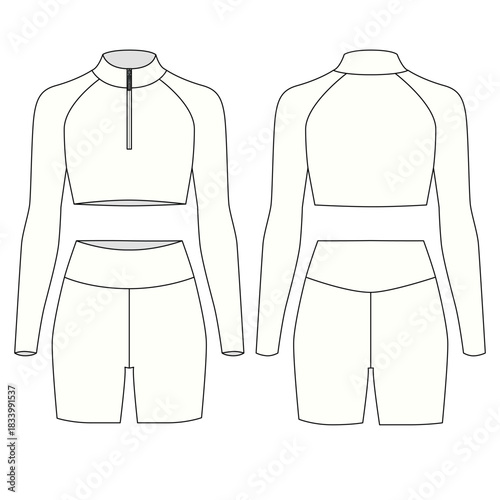 Sketch vector of a cycling jersey and crop top with a zipper and long sleeves, front and back view. Sportswear design for women. Outfit for yoga, Pilates, fitness, gym, running, cycling, leisure.