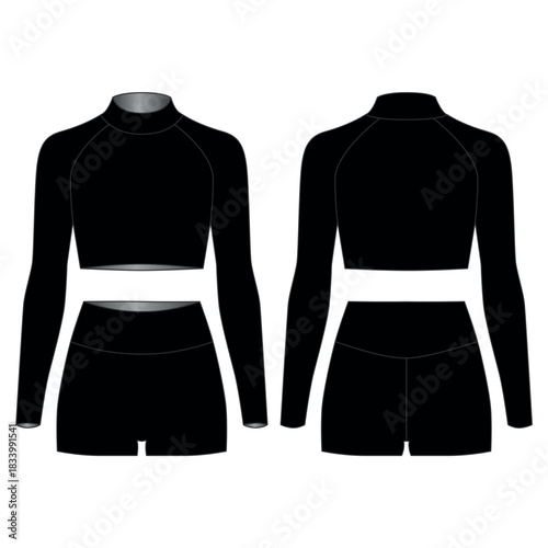 Vector illustration of black cycling shorts and long-sleeved crop top, front and back view. Sportswear design for women. Outfit for yoga, Pilates, fitness, gym, running, cycling, leisure.