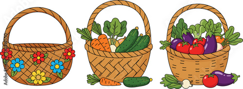 Wicker baskets with fresh vegetables and flowers vector illustration set for organic farming and marketplace concepts