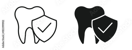 Dental protection icon set in outline and silhouette style, representing tooth care, oral health, and dental safety, vector illustration.
