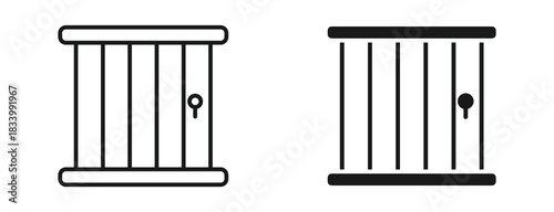 Jail cell icon set in outline and silhouette style, representing imprisonment, secure confinement, and law enforcement facilities, vector illustration.
