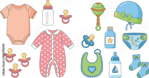 Baby care items vector illustration set featuring newborn clothes bottles pacifiers toys and nursery essentials