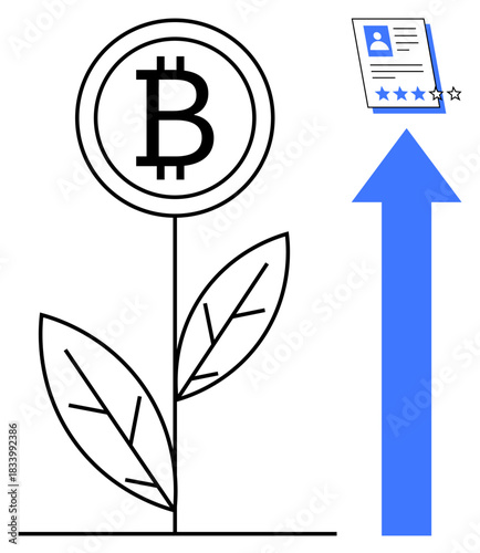 Bitcoin coin on a plant stem with leaves, blue upward arrow leading to evaluated profile card. Ideal for finance, success, blockchain, career, growth, innovation investment. Simple flat metaphor