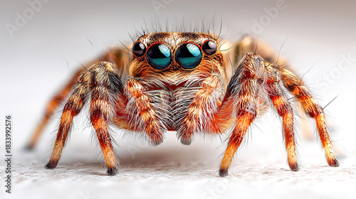 Wallpaper Mural Jumping spider macro eyes detail hairy orange brown closeup portrait arachnid calm curiosity soft light surface, fine hair texture and vivid eye reflection create crisp focus and gentle depth Torontodigital.ca