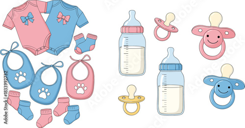 Baby clothing and feeding essentials vector illustration set with bodysuits bottles pacifiers bibs and socks