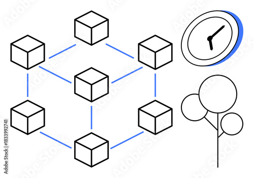 Blockchain networks, time management, sustainability, scalability, digital infrastructure, technology evolution. Linked cubes and a clock with an abstract tree. Blockchain and time management