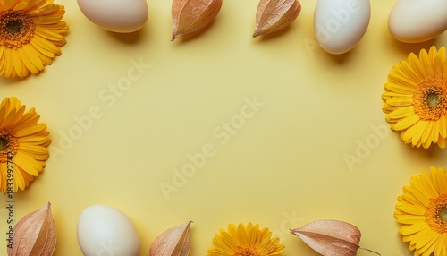 Yellow gerbera flowers and eggs frame on a soft yellow background