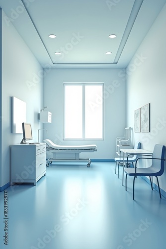 Modelo de sala clínica con mobiliario médico minimalista y distribución funcional