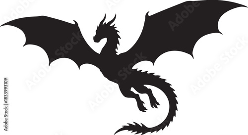 black silhouette of dragon flying on white background, vector