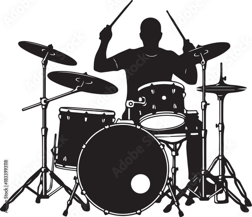 black silhouette of drummer playing drums on white background, vector