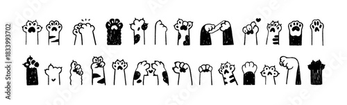 Doodle set of cute cats' paws with pads. Funny scribbles of kittens' hands showing different gestures: heart, thumb up, sign of peace. Hand drawn outline isolated vector illustrations on white