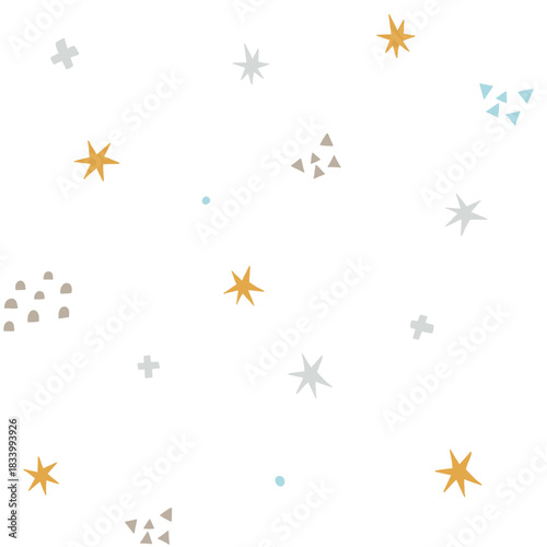 Soft scattered stars and tiny abstract shapes in a gentle pastel palette. Minimal, playful, and modern seamless pattern perfect for kids’ products, fabrics, stationery, and cheerful decorative designs