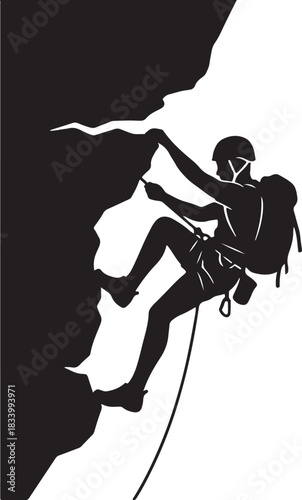 black silhouette of mountain climber on cliff on white background, vector