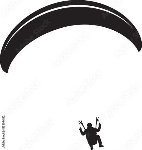 black silhouette of paraglider in sky on white background, vector