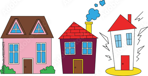 Cartoon House Building Set Showing Normal Home Smoking Chimney and Earthquake Shaking Damage Flat Vector Illustration