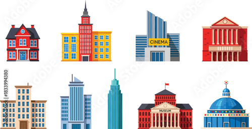 Cartoon Landmark and City Building Collection with Skyscrapers Cinema Museum and Theater Architecture Flat Vector Illustration Set