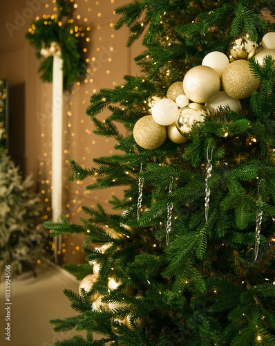 Christmas tree with baubles with golden lights close up. Modern Christmas tree branches decorated with stylish ornaments