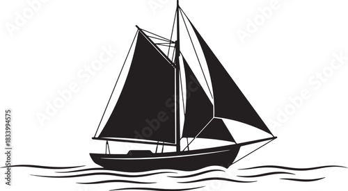 Black silhouette of sailing boat on water on white background, vector