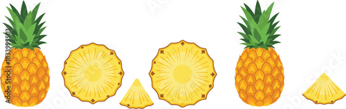 Cartoon Pineapple Fruit Set with Whole Pineapples and Sliced Pieces Tropical Colorful Flat Vector Illustration Isolated