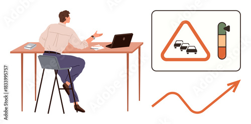 Man working at desk analyzing traffic congestion triangle sign and bar alert with upward graph showing growth. Ideal for traffic, analytics, weather, strategy, monitoring, sustainability, trends