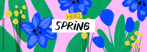 Horizontal spring banner. Naive hand drawn flowers. Background with floral pattern. Invitation card for Mother`s day, birthday