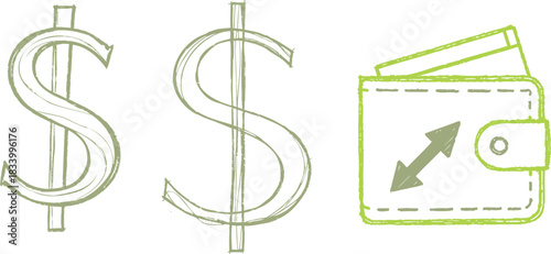 Financial transactions, money management, and budgeting concept illustrated by dollar signs and a wallet icon.