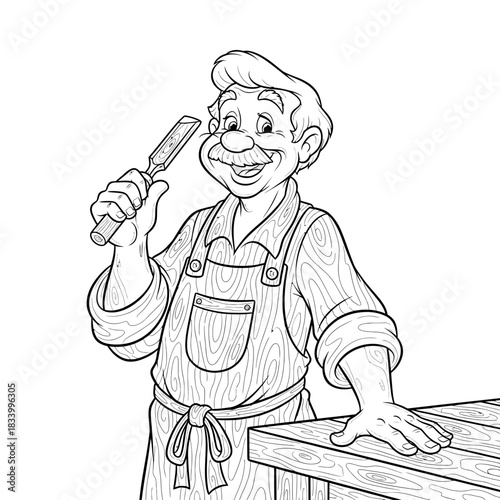 Cheerful Carpenter Holding a Wooden Knife Standing Beside Stacked Lumber Illustration
