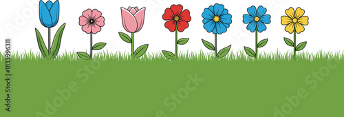 Cartoon Spring Flowers Border with Colorful Blossoms Growing in Grass Simple Floral Flat Vector Illustration