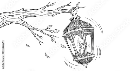 Simple Drawing of a Classic Lantern Hanging From a Tree Branch Silhouette