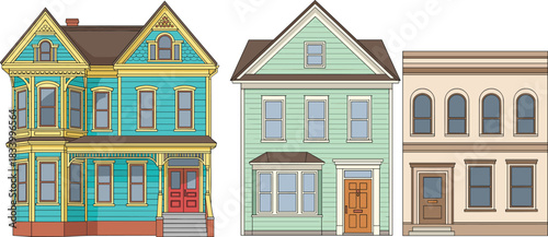 Cartoon Vintage Townhouse Building Collection with Colorful Facades Windows and Front Doors Flat Vector Illustration Set