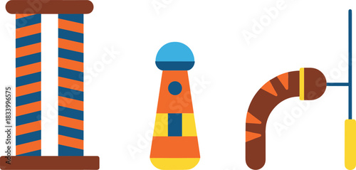 Cat scratching furniture vector illustration set featuring modern claw posts toys and playful pet accessories