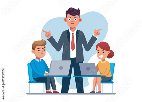 Strict boss pointing at rules while two silent employees sit with laptops, concept fear of invisible control, toxic authority, and psychological pressure in office, flat vector