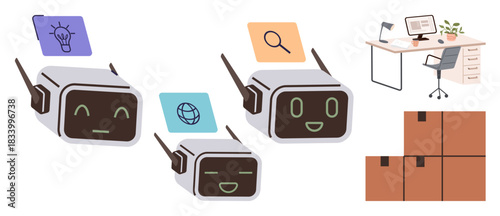 Robots with cheerful faces explore ideas, search the web, and store goods. Includes a tidy desk with a monitor, lamp, chair, and stacked boxes. Ideal for innovation, research AI organization