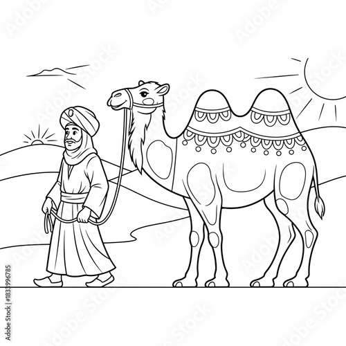 Man Leading a Decorated Camel Through the Desert at Sunrise or Sunset Illustration