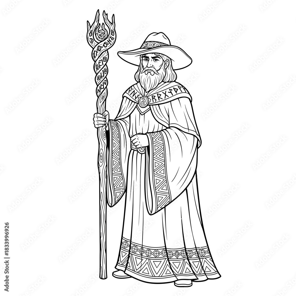 Obraz premium Classic Medieval Wizard Character With Staff and Flowing Robe Simple Illustration