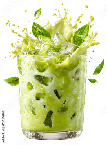 Iced matcha green tea milk splash ice cube cold drink glass refreshment creamy beverage. Iced matcha green tea milk splash with ice cube clear glass, cold drink refreshment with creamy, isolated