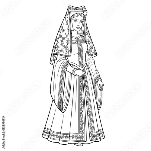 Elegant Medieval Lady Wearing Elaborate Hooded Gown with Embroidery and Long Sleeves