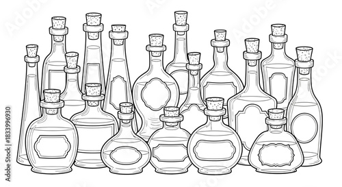 Medieval Potion Bottles Illustration Set with Cork Lids and Labels Fantasy Artwork