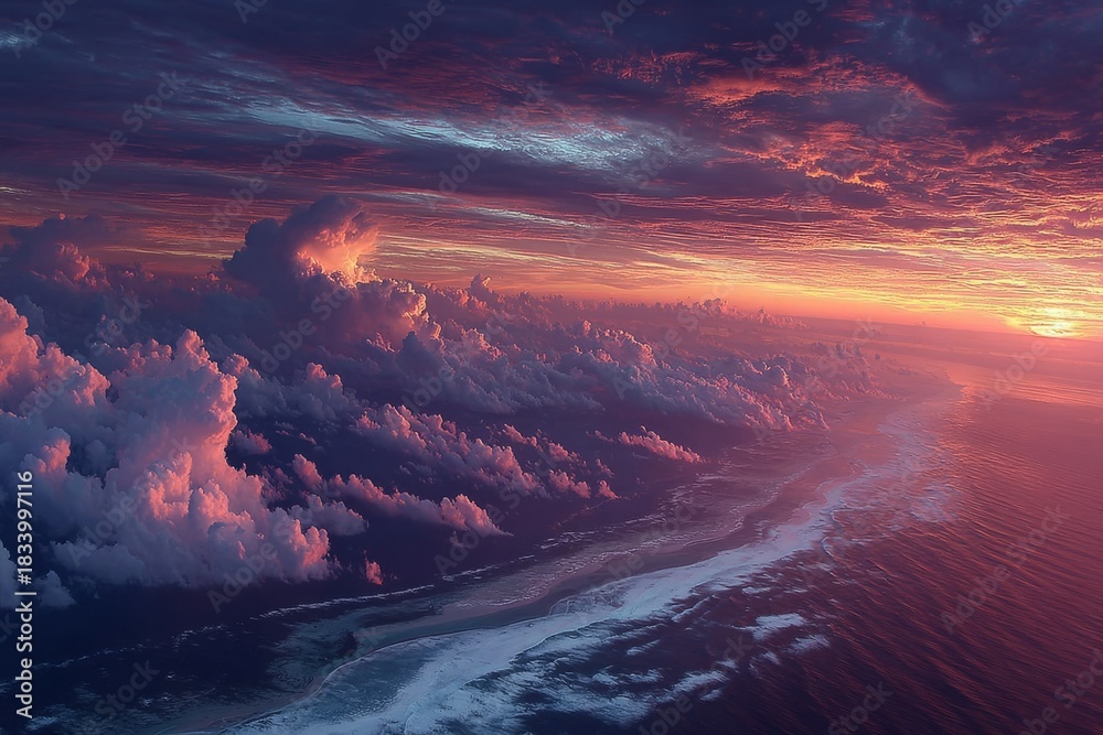Fototapeta premium An aerial view of the sea glowing orange and purple as the sun dips below the horizon. Generative AI