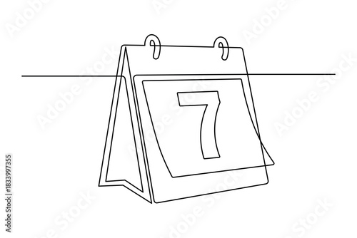 Continuous line art drawing of a desk calendar displaying the number seven, signifying a special date or event or deadline.