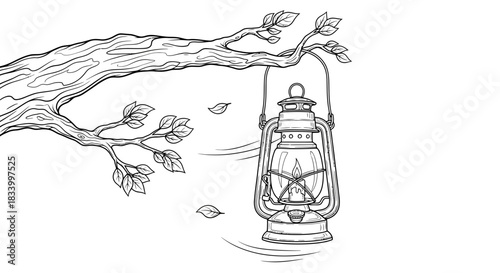 Simple Vintage Lantern Hanging Under a Tree Branch Illustration Line Art