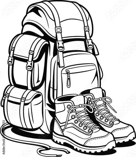 Outdoor Hiking Backpack with Trekking Boots Illustration.