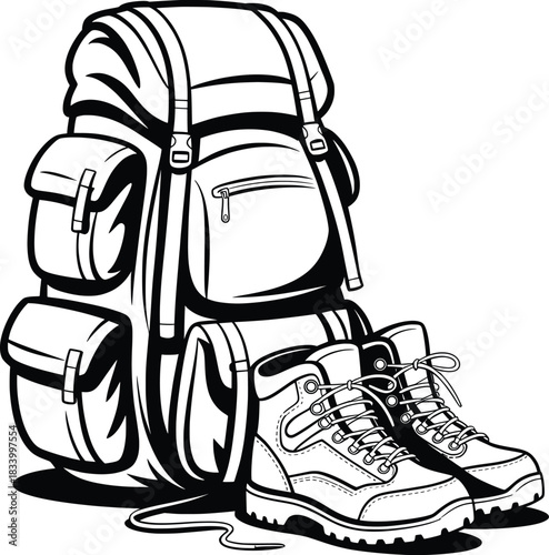 Outdoor Hiking Backpack with Trekking Boots Illustration.
