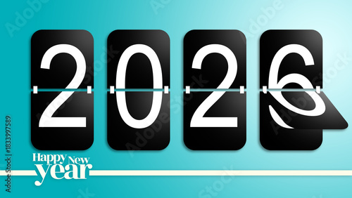 celebrate the upcoming year a modern 2026 flip clock calendar Illustration with a gradient blue background with text Happy New Year