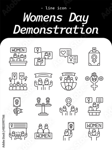 Women’s Day Demonstration thin line icon set. Equality, protest, empowerment, rights, activism, and feminist movement outline icon collection.