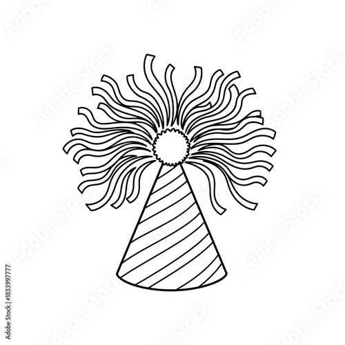 Festive Birthday Hat with Pom Pom Black and White Line Drawing Celebration Illustration