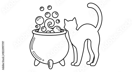 Mysterious Black Cat Sitting Beside a Bubbling Witches Cauldron Illustration Drawing