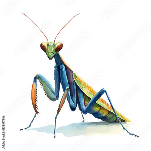 Hand-drawn watercolor artwork of Praying Mantis, vector, isolated on a white background.